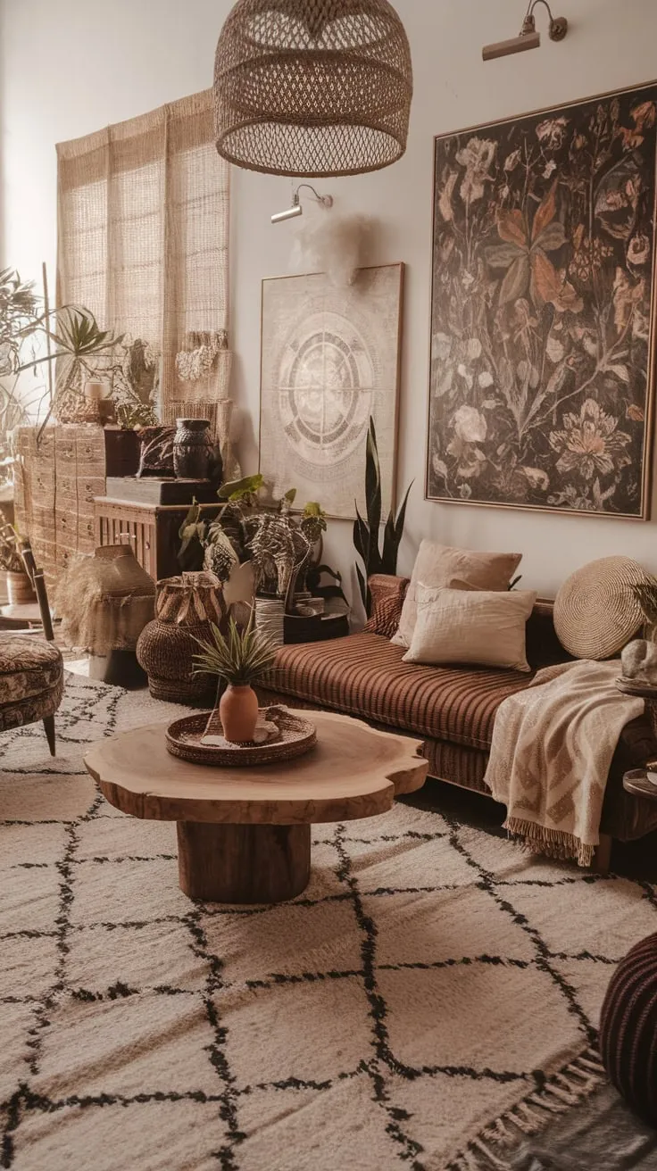 A plush rug, wooden coffee table, and floral artwork define this inviting boho-chic living room, showcasing a relaxed yet stylish aesthetic.