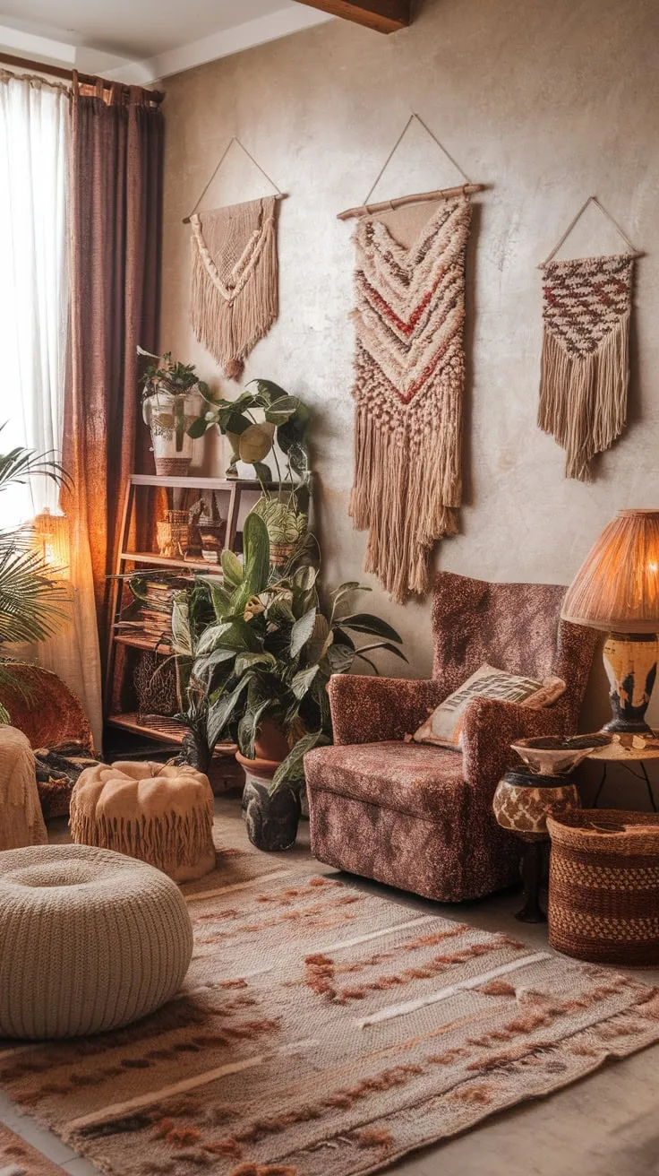 Earthy tones, plush textures, and eclectic vintage pieces create a cozy, artistic boho chic living room.