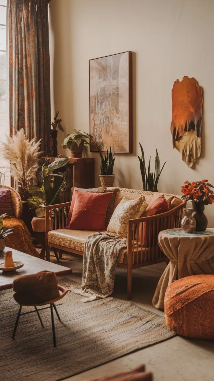 A vintage-modern blend of natural materials and artistic accents defines this inviting boho chic living space.