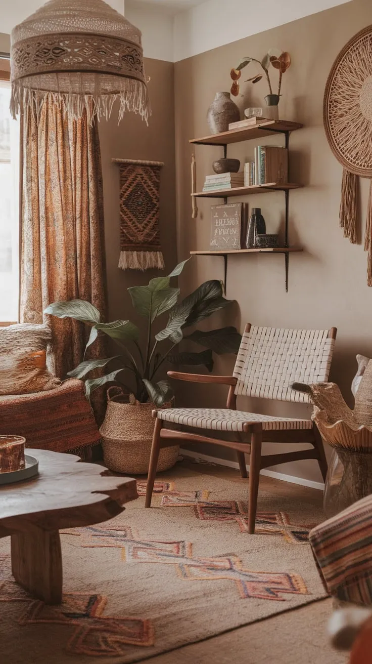Earthy tones, natural materials, and eclectic vintage furnishings create a cozy and inviting boho chic living room.