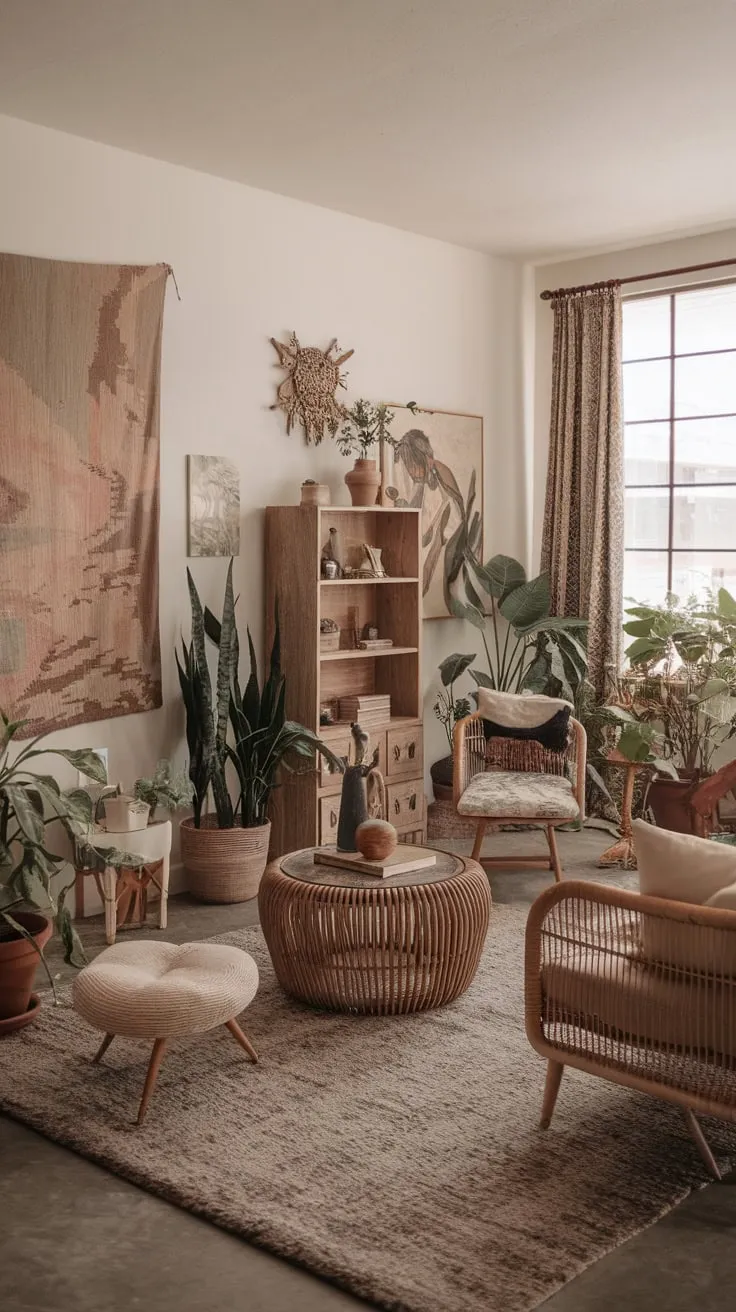 A sunlit haven of eclectic boho style, this living room blends neutral palettes with artistic accents and natural textures for a relaxed yet sophisticated atmosphere.