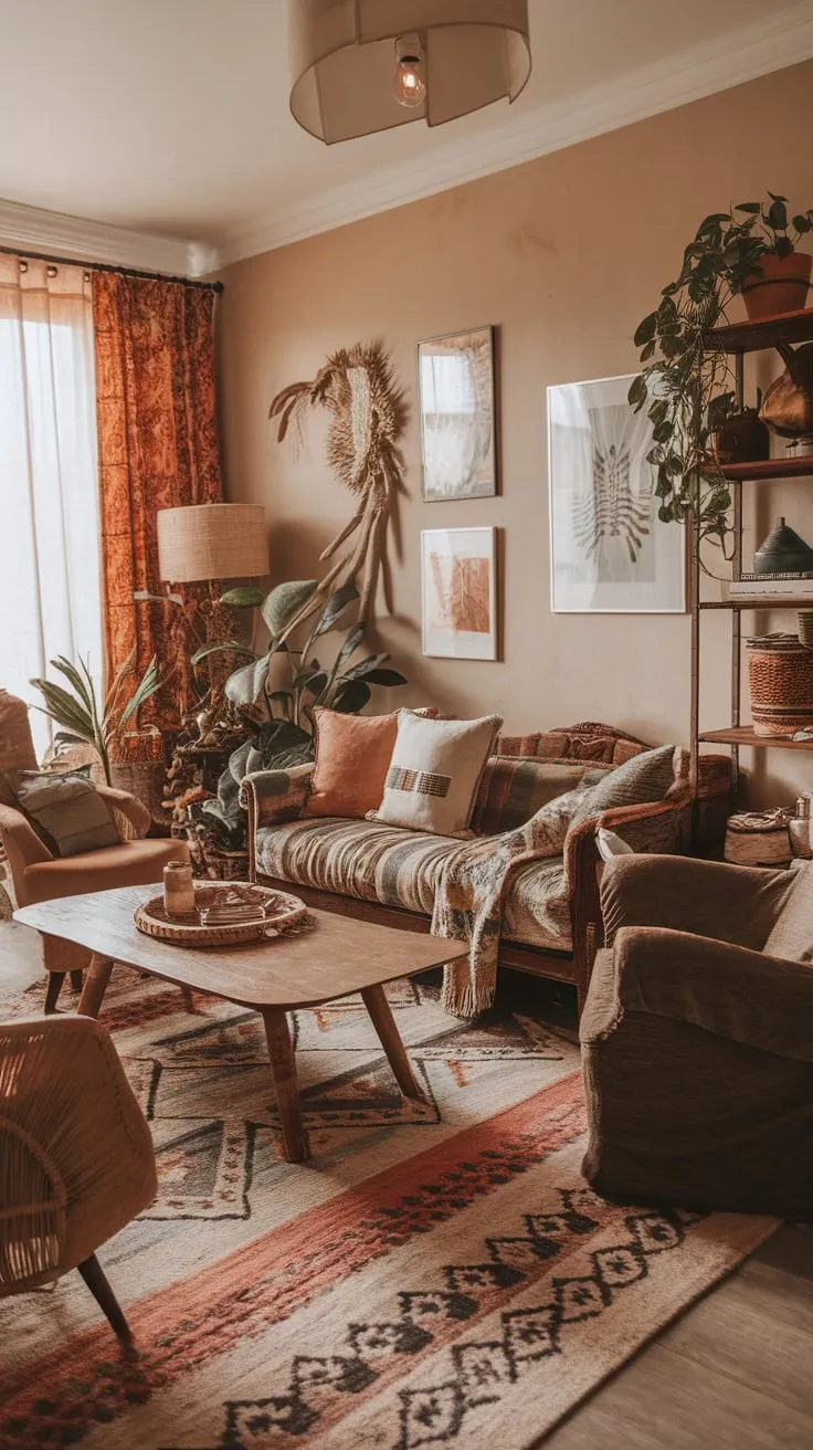 Earthy tones, natural materials, and vintage finds create a relaxed and inviting boho chic living room.