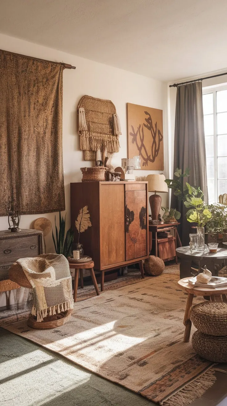 Sunlit earthy tones and eclectic vintage pieces create a captivating boho chic living room.