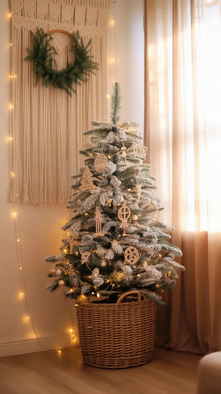 Sunlit Boho Christmas with Flocked Tree, Handcrafted Ornaments and Macramé Glow