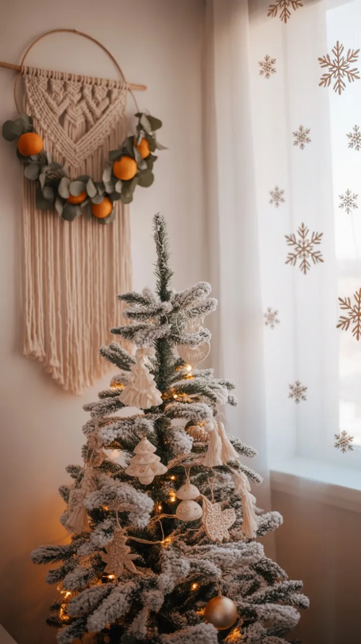 Bohemian Christmas Nook with Flocked Tree, Macramé and Citrus Wreath