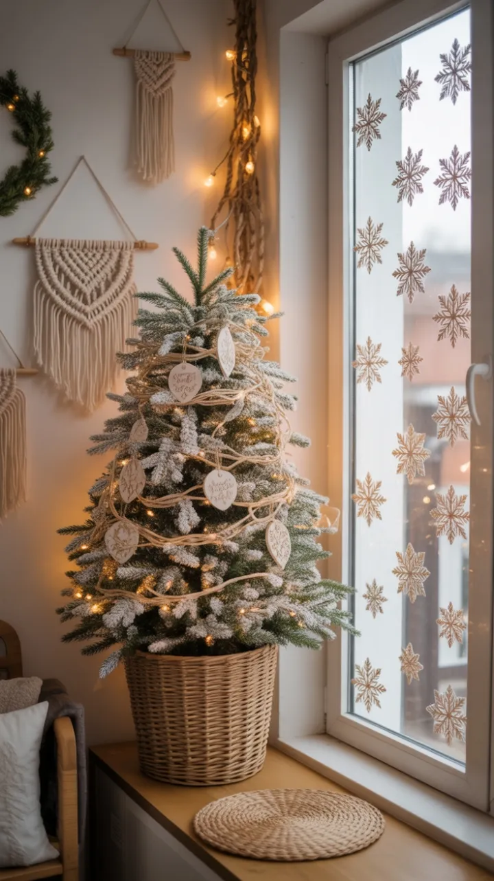 Cozy Boho Christmas Corner with Flocked Fir, Macramé, and Handmade Ornaments
