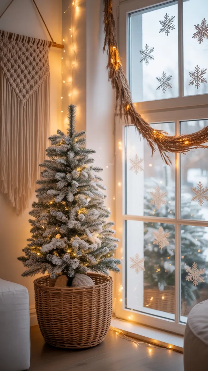Bohemian Holiday Haven with Flocked Tree and Golden Fairy Lights