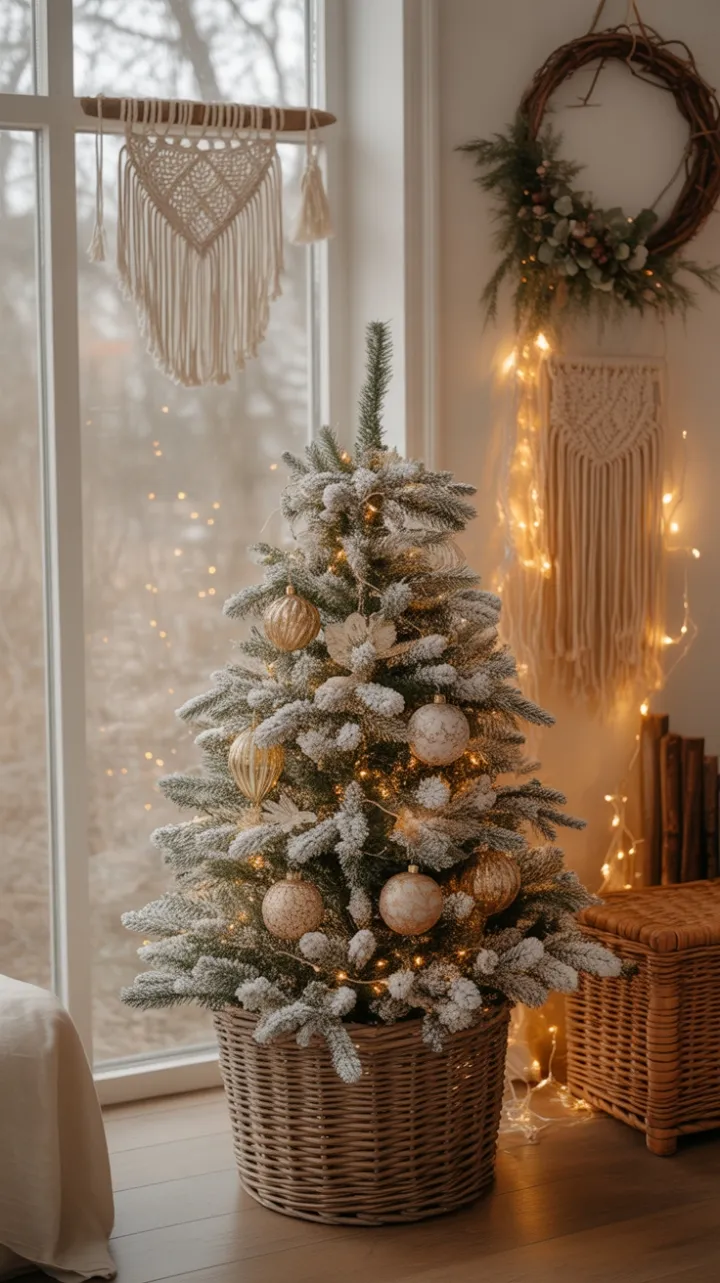 Sunlit Bohemian Christmas – Cozy Flocked Tree and Earthy Warmth