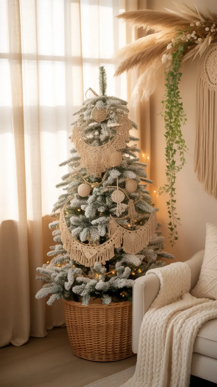 Sunlit Boho Holiday Nook with Flocked Tree and Macramé Magic