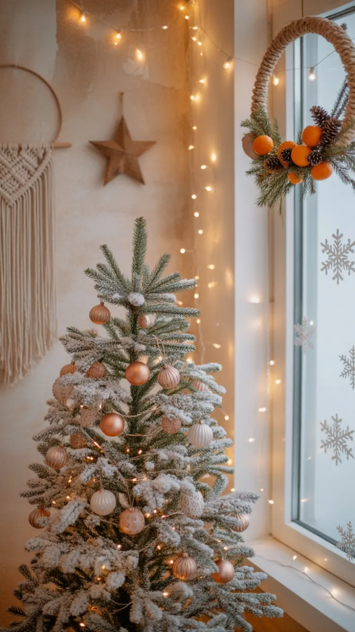 Cozy Bohemian Christmas Nook with Flocked Fir and Handcrafted Ornaments