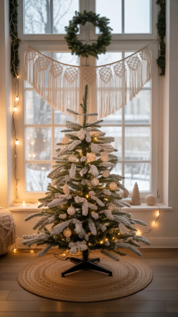 Sunlit Bohemian Christmas Nook with Snow-Flocked Tree
