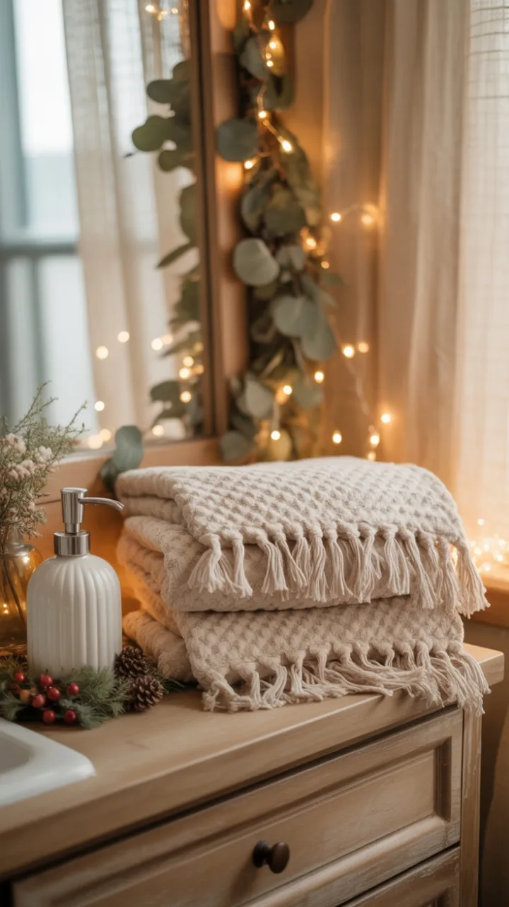 Cozy Boho Holiday Bathroom with Eucalyptus and Fairy Lights