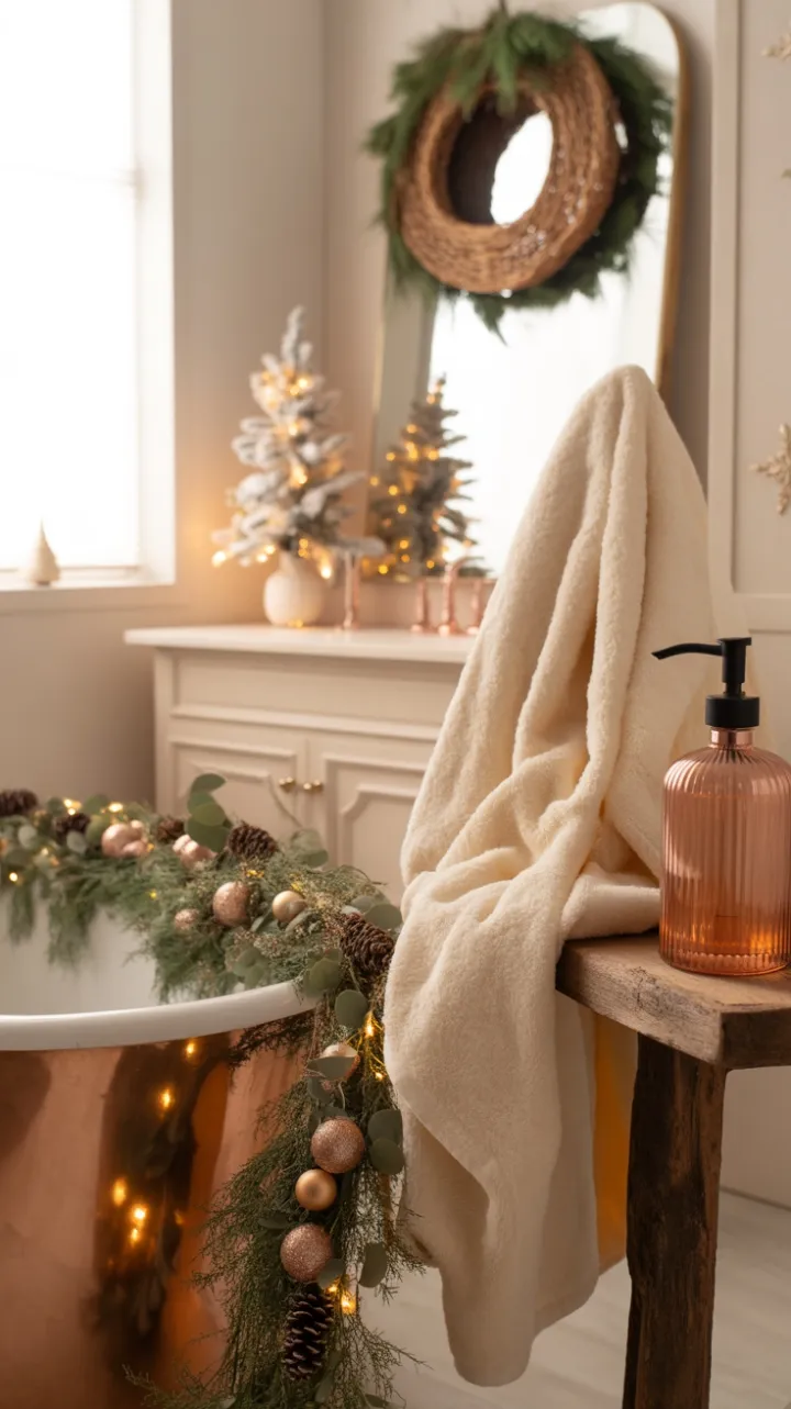 Bohemian Christmas Bath with Copper Tub, Eucalyptus Garland and Golden Glow