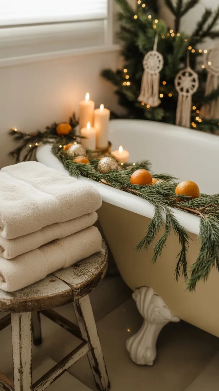 Candlelit Bohemian Bath with Pine Garland and Dried Oranges