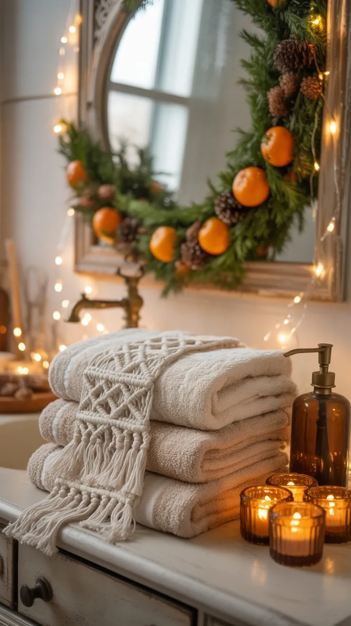 Cozy Bohemian Bath with Macramé Towels, Vintage Brass and Candlelit Warmth