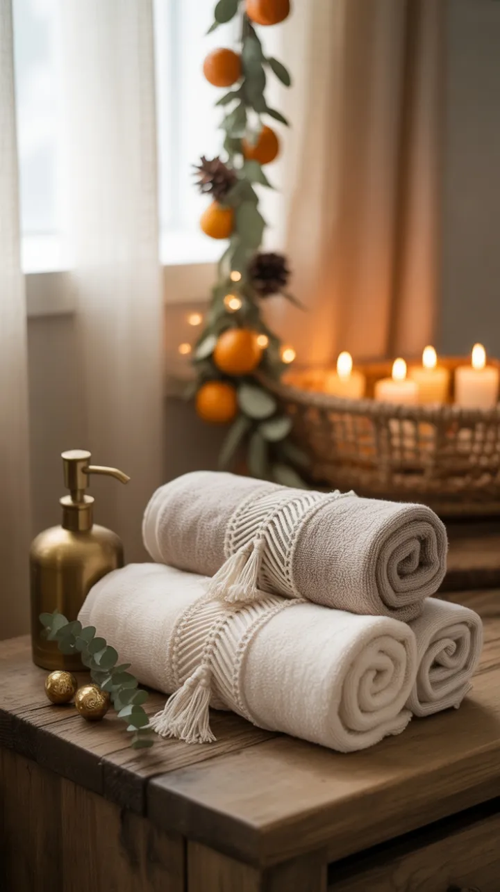 Serene Boho Bath with Macramé Linen Towels and Candlelight