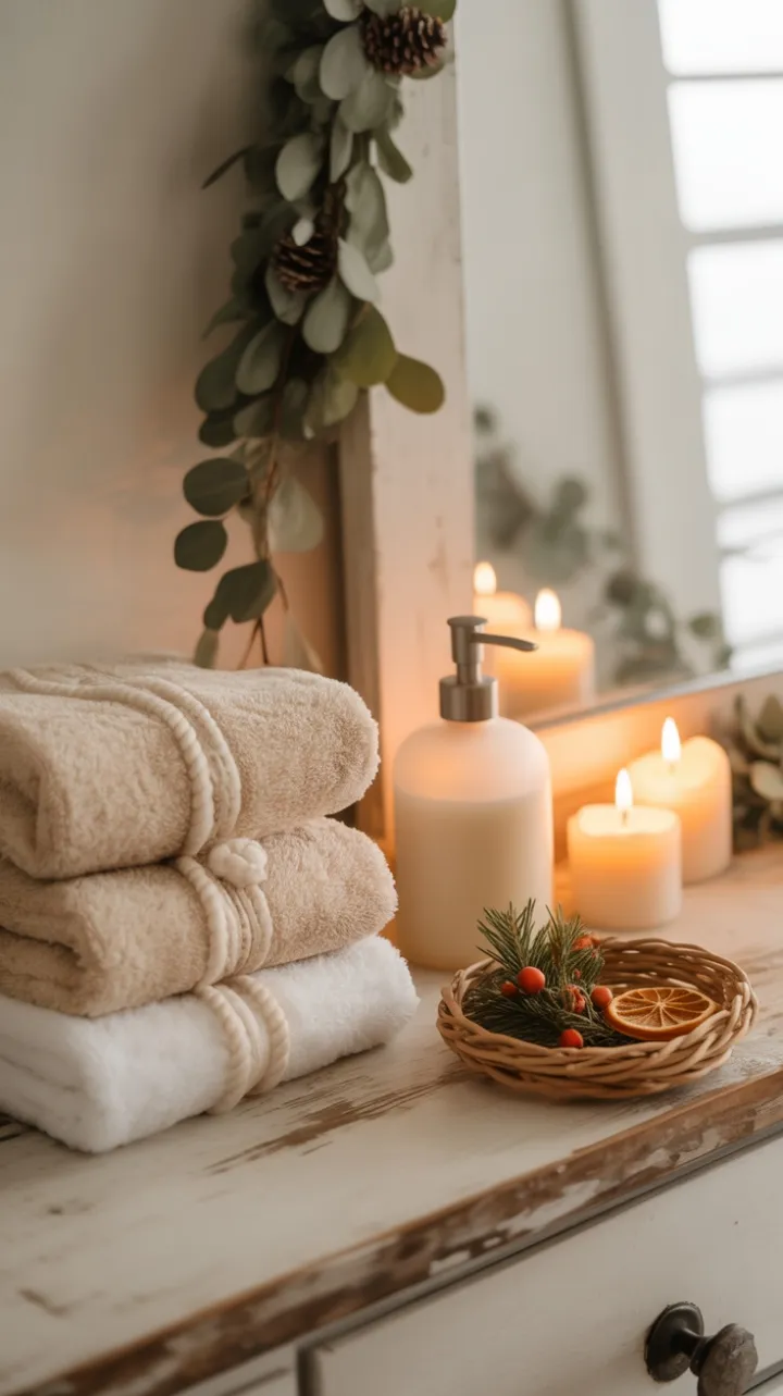 Serene Boho Christmas Bathroom with Eucalyptus, Candles, and Woven Accents
