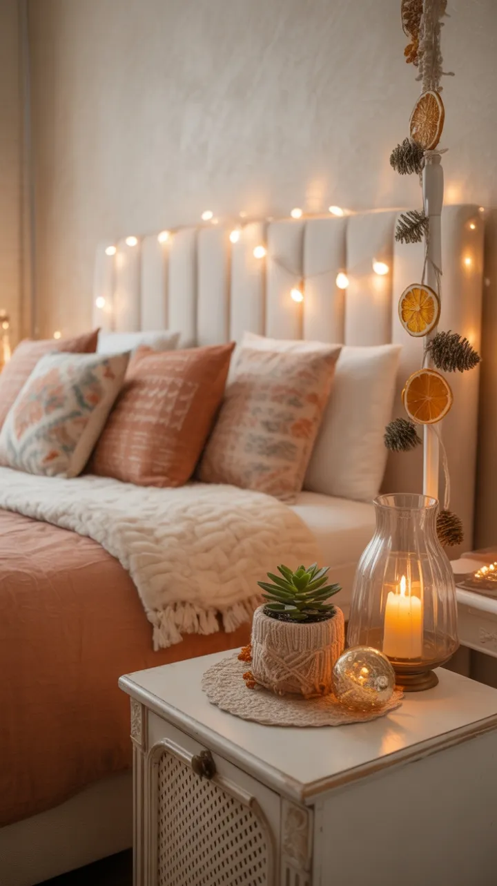 Bohemian Cozy Retreat with Warm Lights and Natural Holiday Charm