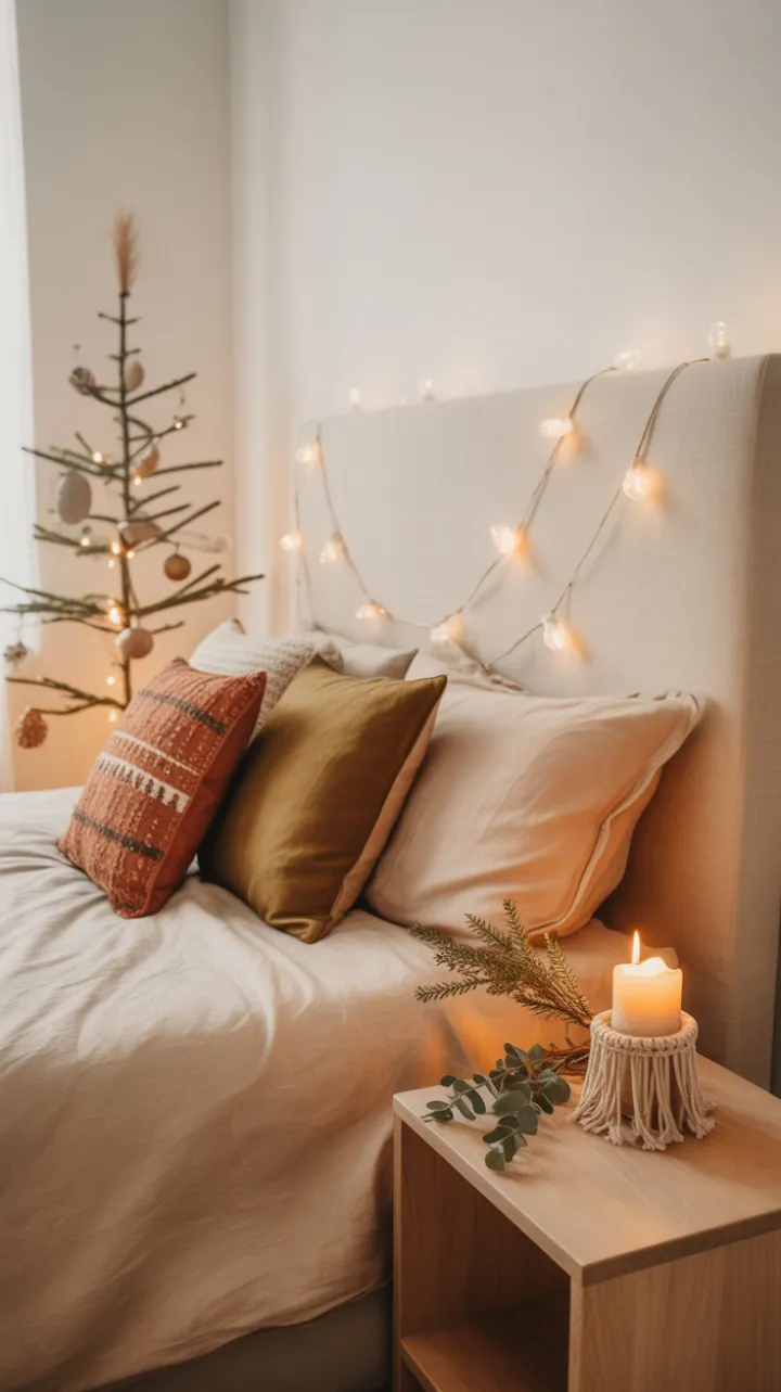 Cozy Bohemian Christmas Retreat with Linen Bedding and Warm Glow