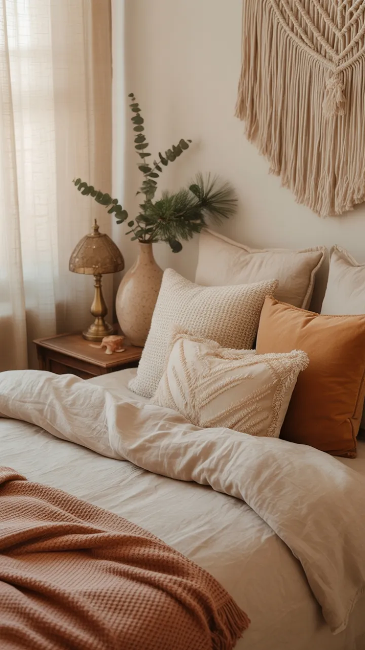 Cozy Boho Christmas Nest with Terracotta Throws and Macramé Glow