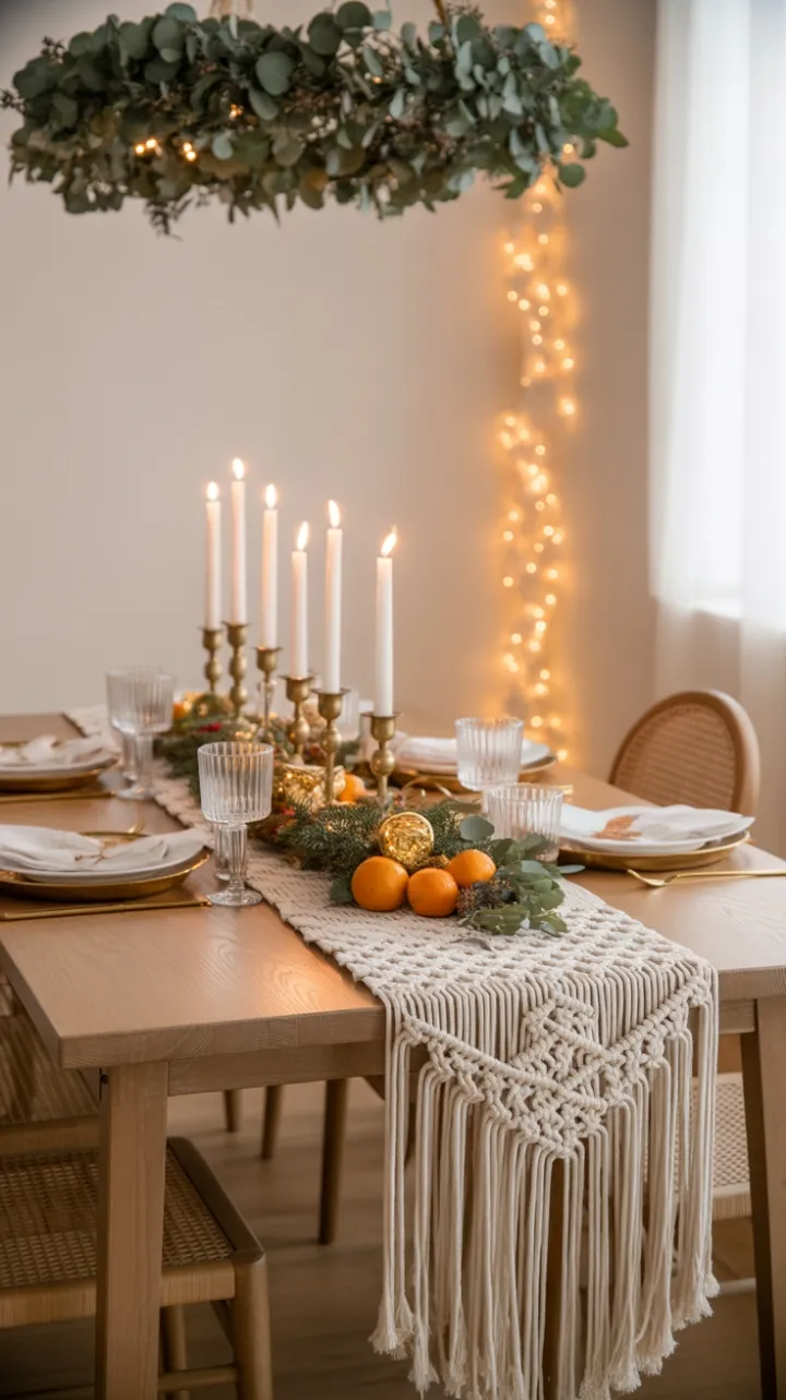 Cozy Bohemian Christmas Table with Macramé Runner, Brass Candles, and Eucalyptus