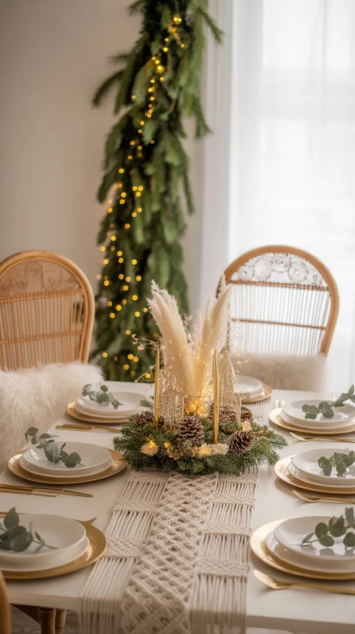 Cozy Boho Christmas Dining Table Draped in Macramé, Pampas, and Golden Lights