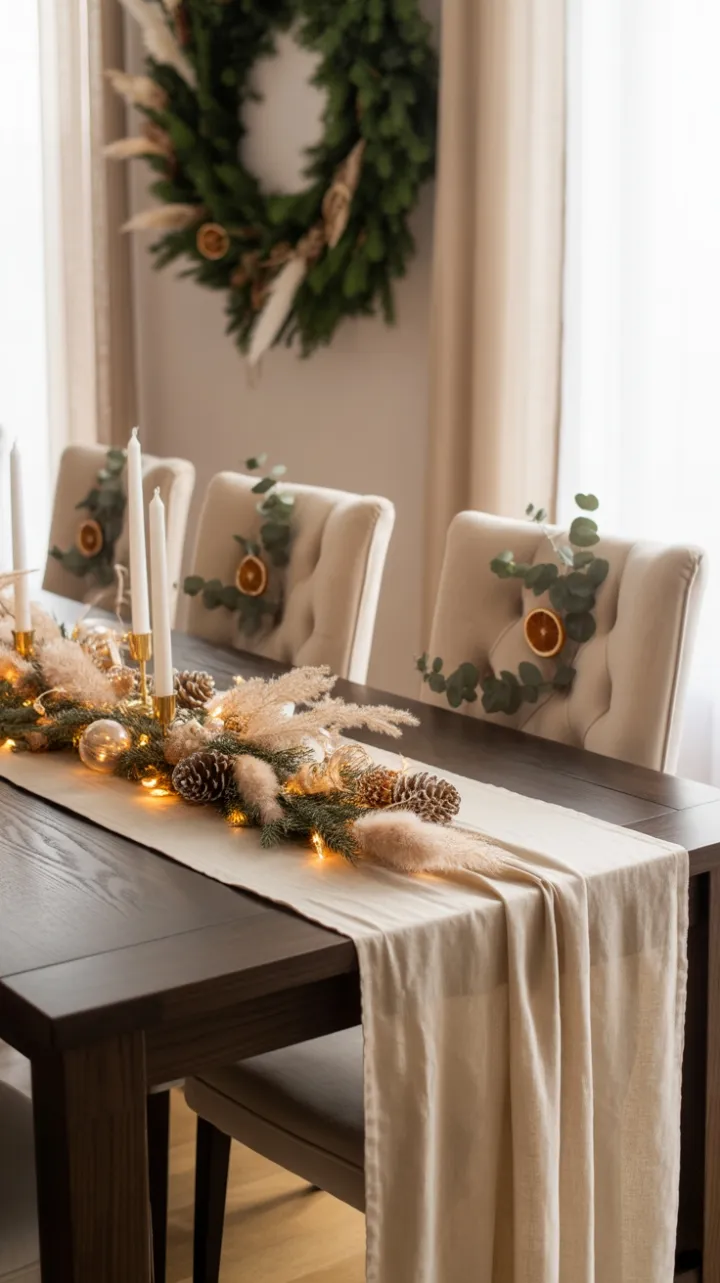 Bohemian Christmas Table with Pampas, Gold Pinecones, and Warm Edison Glow