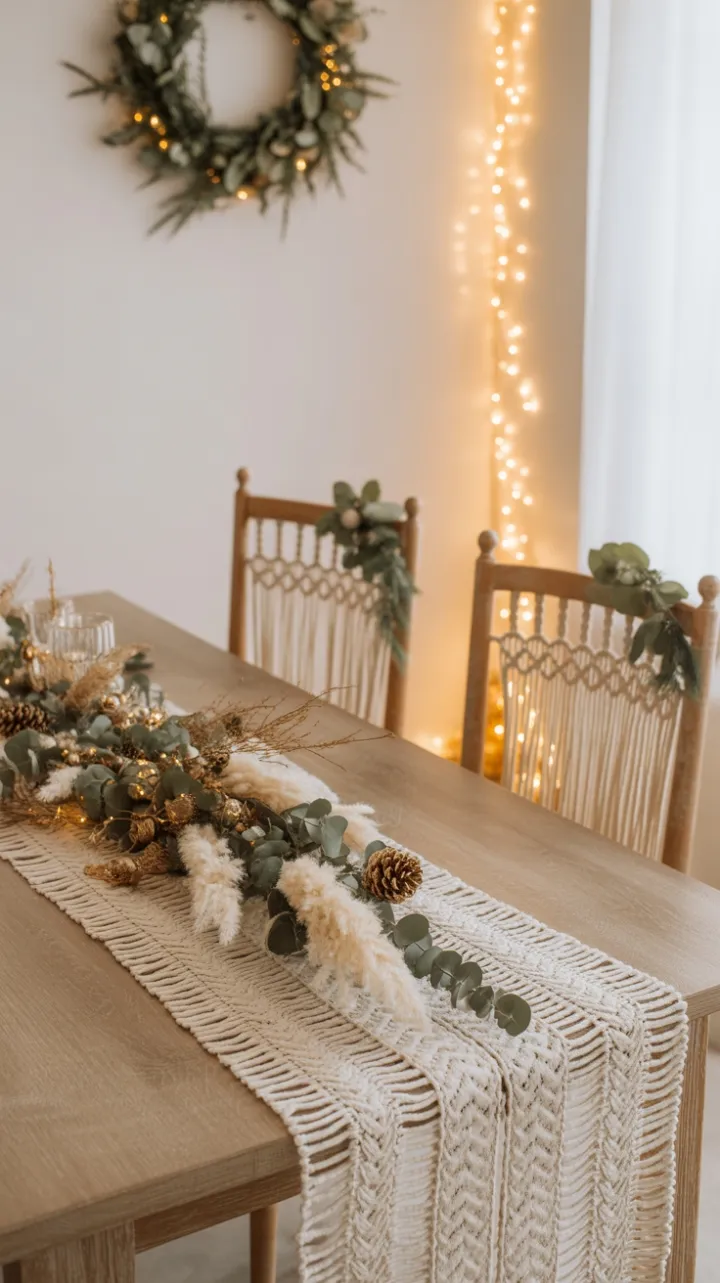 Bohemian Christmas Table Adorned with Pampas, Eucalyptus and Twinkling Lights
