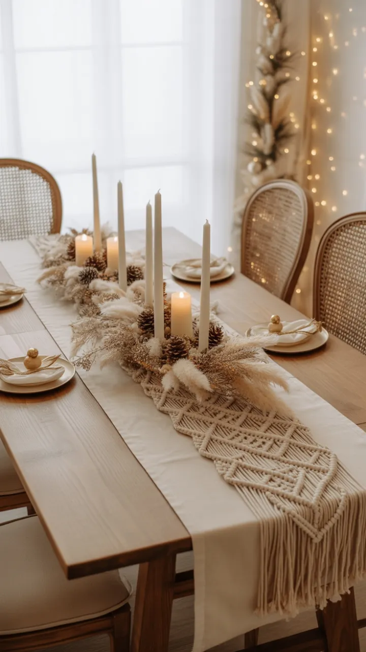 Warm Boho Christmas Table with Macramé Runner, Pampas Centerpiece, and Golden Glow