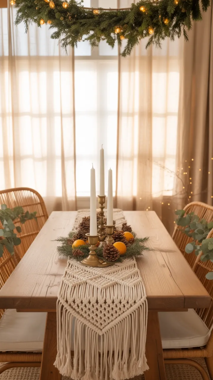 Bohemian Christmas Table of Pinecones and Candlelight