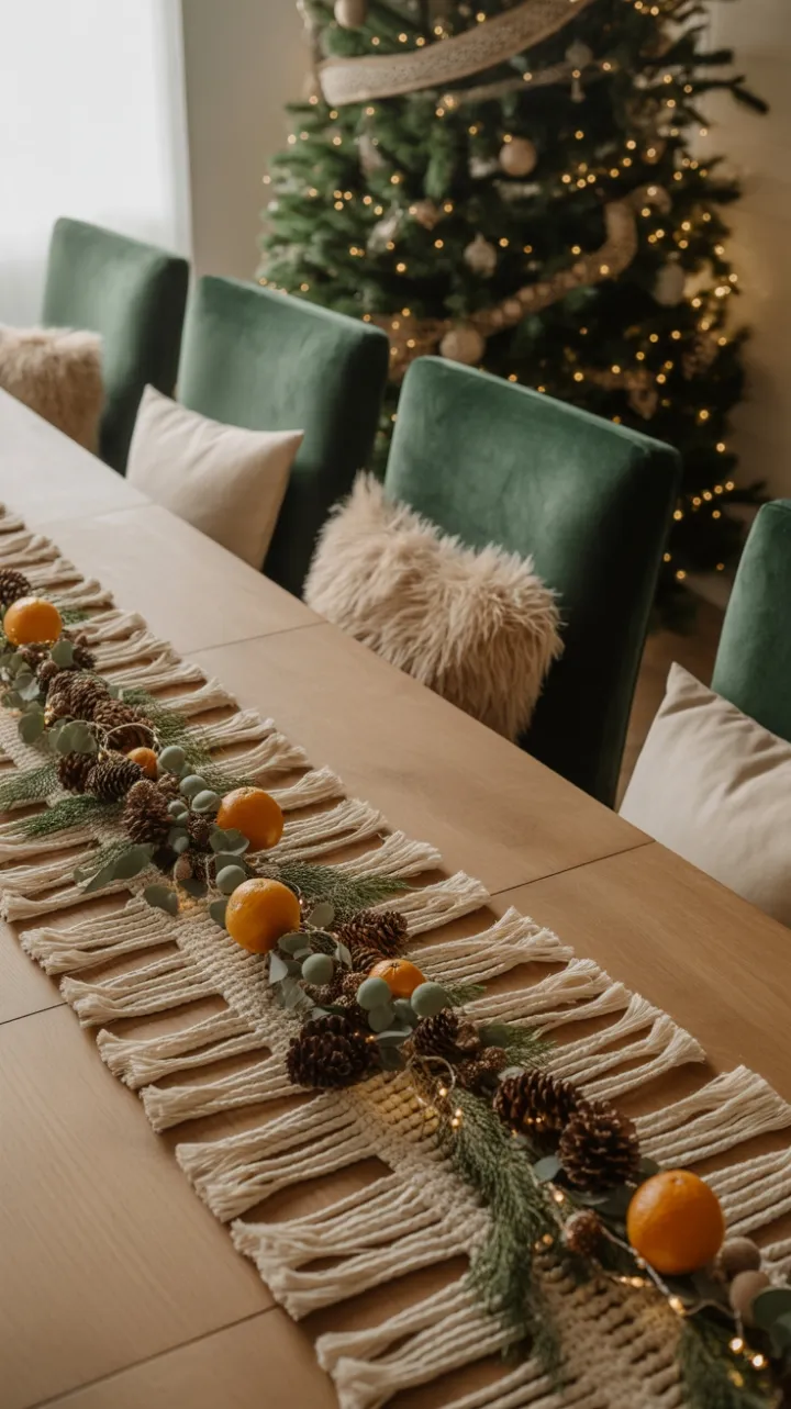 Cozy Bohemian Christmas Table Draped in Macramé and Warm Light