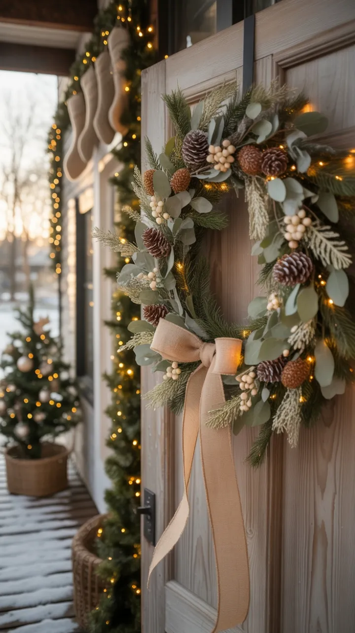 Cozy Boho Christmas Wreath on a Snow-Dusted Rustic Door