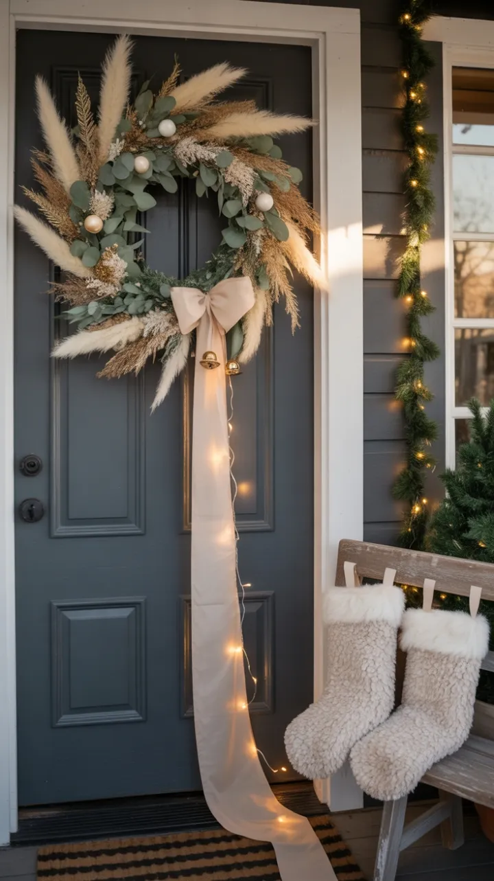 Sunlit Boho Christmas Welcome with Pampas Wreath and Golden Bells