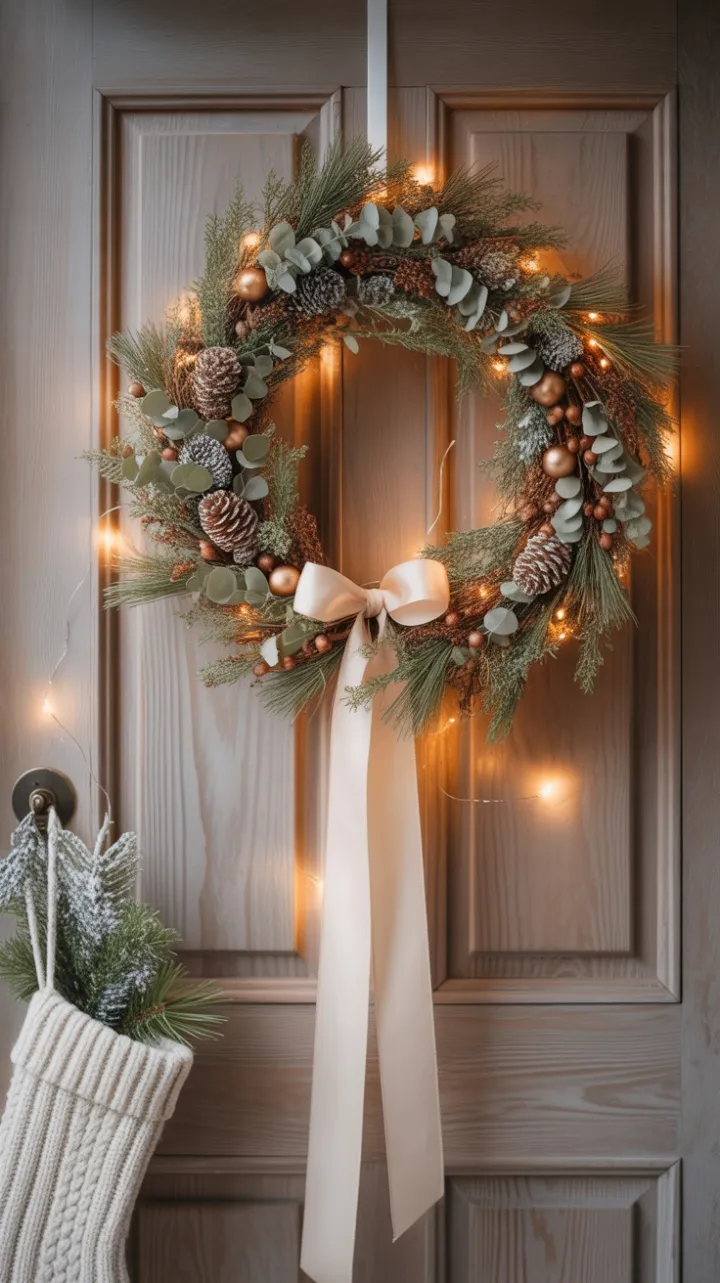 Cozy Boho Christmas Wreath Glowing on a Rustic Wooden Door