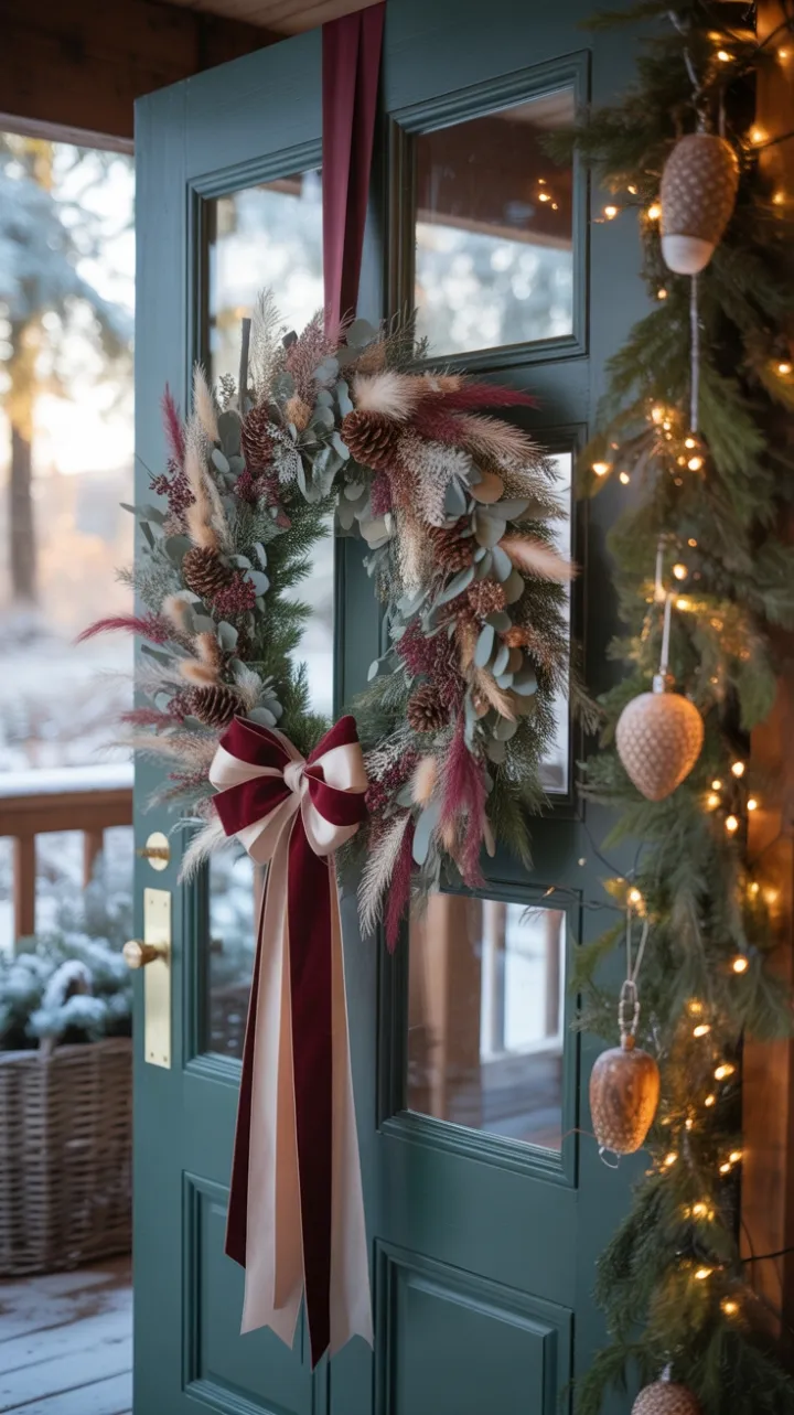 Bohemian Christmas Welcome with Velvet Bow and Eucalyptus Wreath