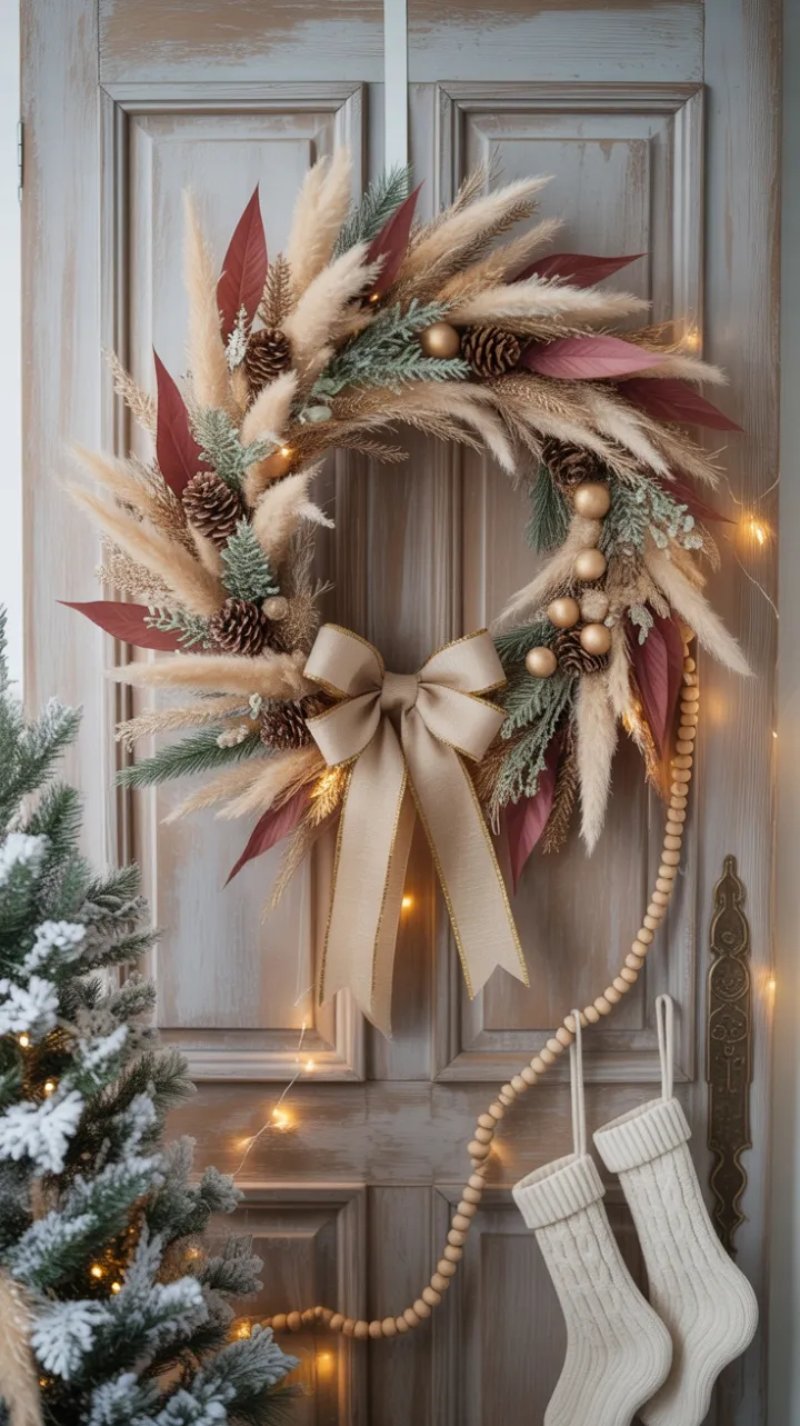 Warm Boho Holiday Welcome with Pampas, Pinecones and Golden Ribbon