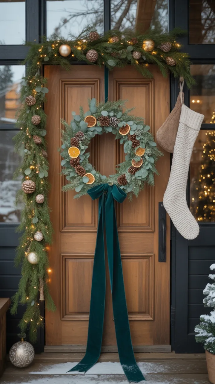 Bohemian Christmas Doorway Dressed in Emerald Velvet, Eucalyptus, and Twinkling Lights
