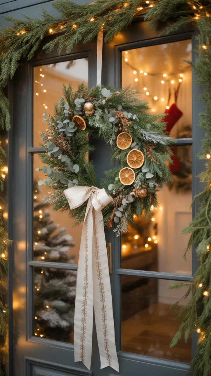 Boho Christmas Doorway with Citrus Wreath and Golden Fairy Lights