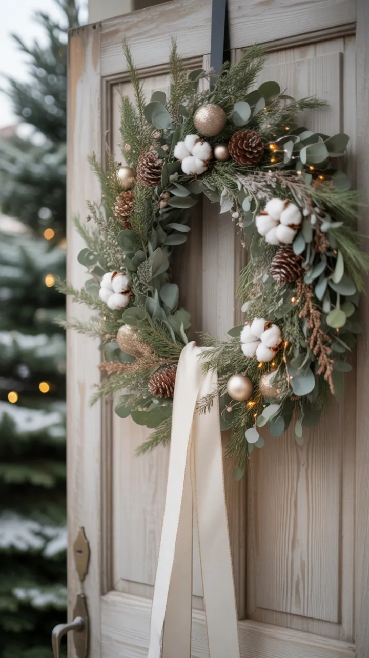 Eucalyptus and Gold Boho Wreath Warming a Snow-Kissed Door