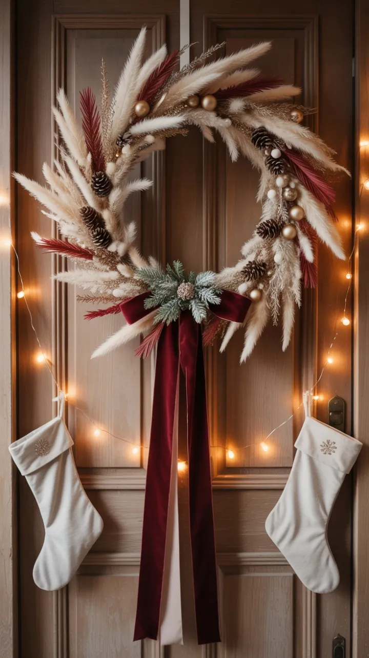 Bohemian Christmas Door with Burgundy Velvet and Twinkling Wreath