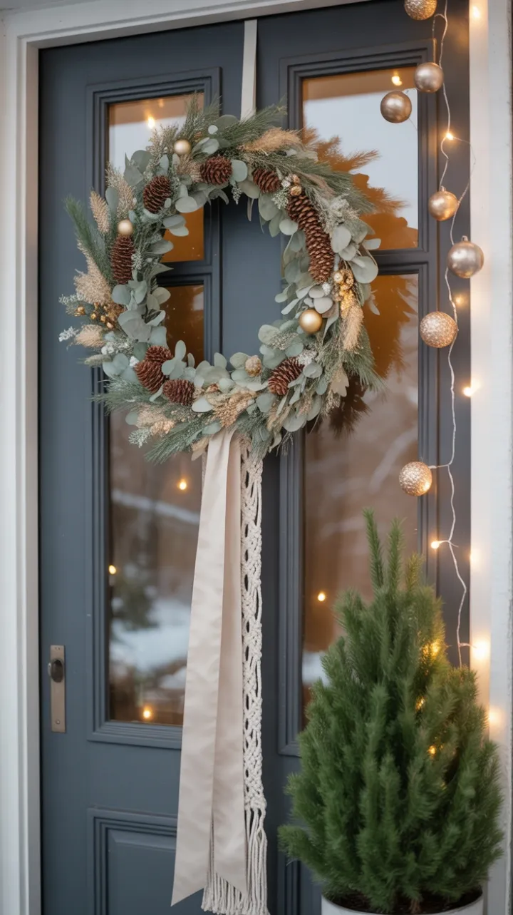 Boho Christmas Welcome with Eucalyptus Wreath and Warm Lights