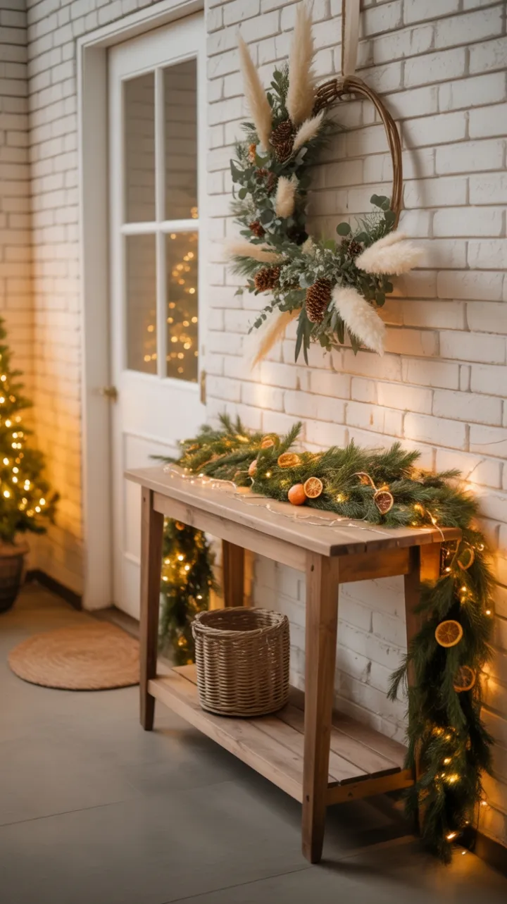 Warm Bohemian Holiday Welcome with Pampas Wreath and Rustic Glow