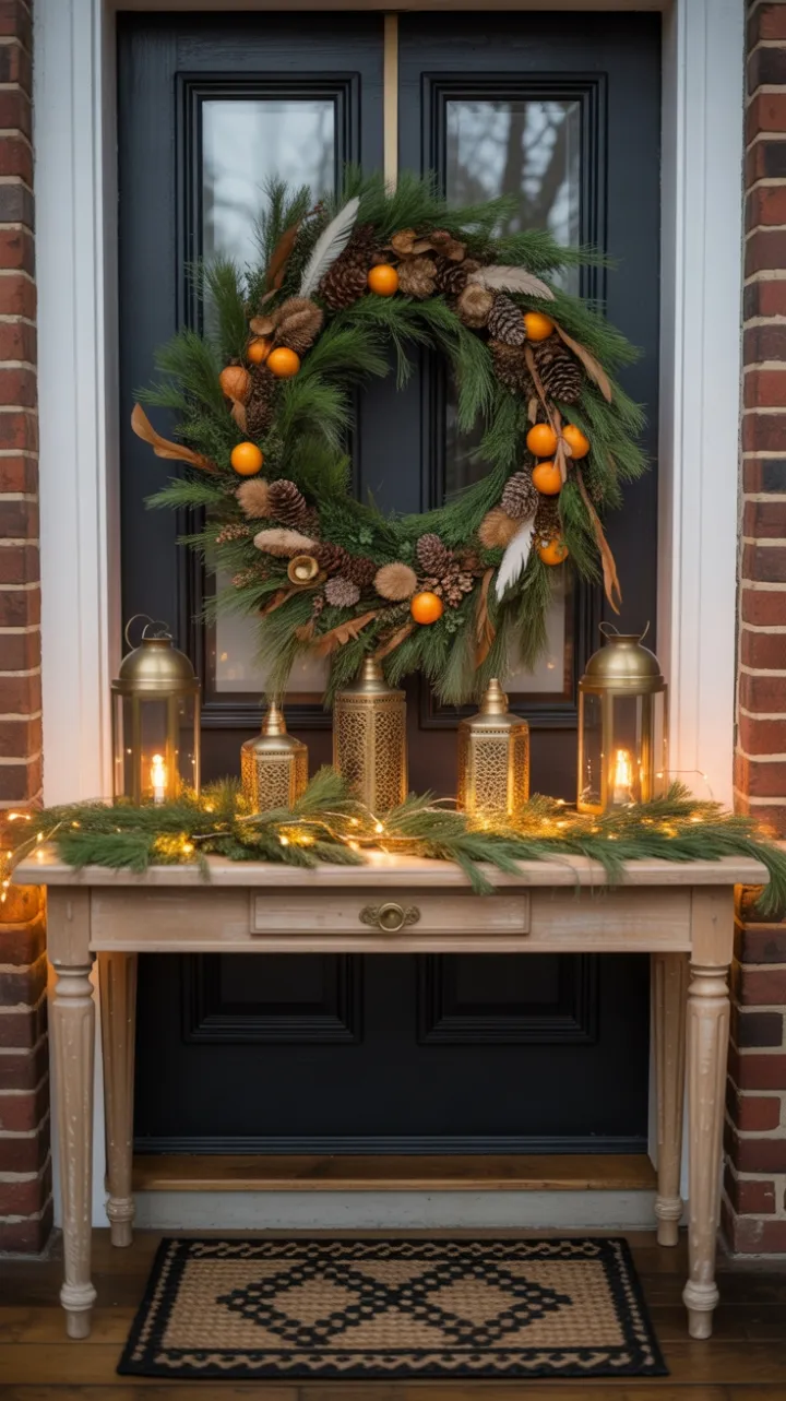 Warm Bohemian Holiday Entryway with Dried Orange Wreath