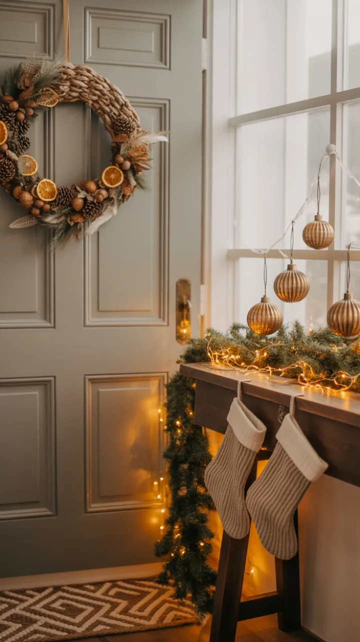 Warm Bohemian Christmas Entryway with Dried Orange Wreath and Cozy Textures