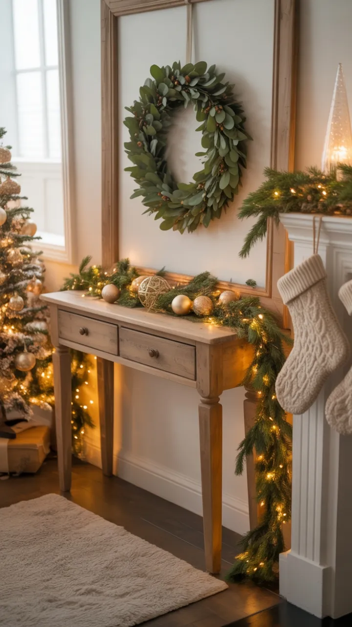 Cozy Boho Holiday Entryway with Eucalyptus Wreath and Twinkling Lights