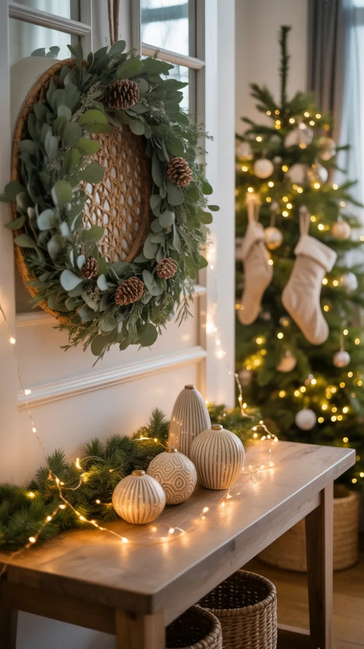 Warm Boho Christmas Entryway Wrapped in Twinkle Lights and Rustic Charm