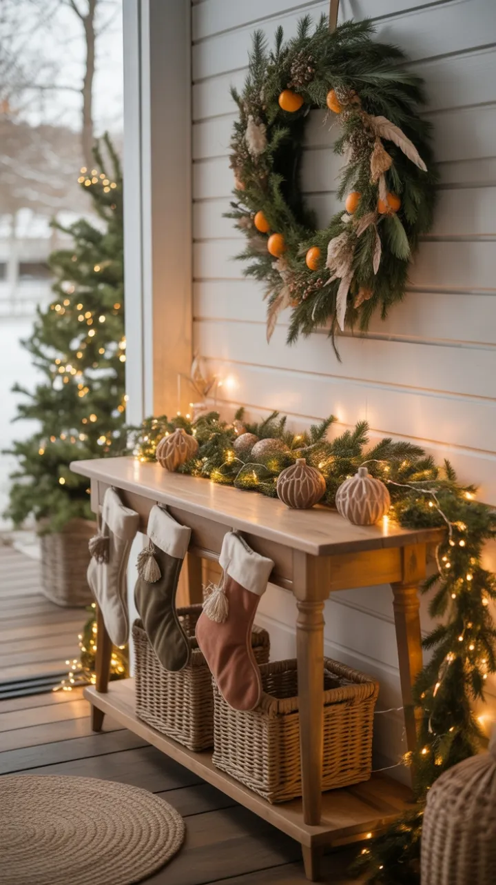 Warm Boho Christmas Entryway with Pine Wreath, Dried Oranges, and Twinkle Lights