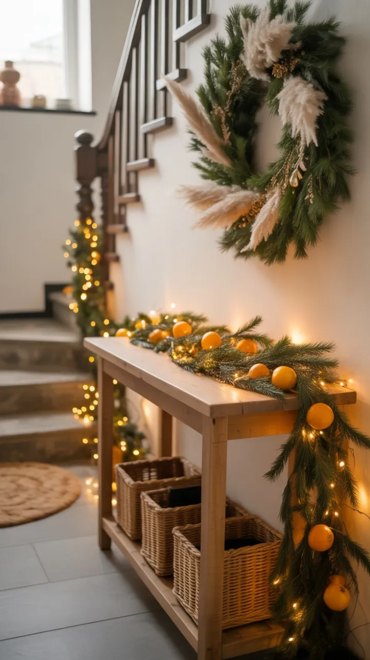 Bohemian Holiday Welcome with Rustic Pine, Dried Oranges and Fairy Lights