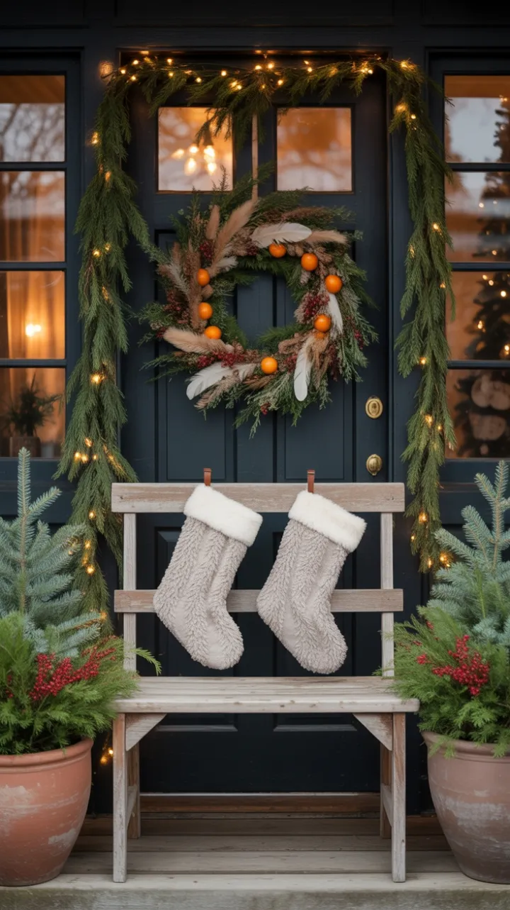 Bohemian Christmas Porch with Rustic Bench and Twinkling Lights