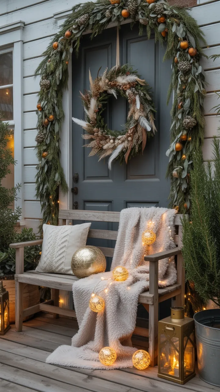 Bohemian Christmas Porch Wrapped in Warm Lights and Natural Charm